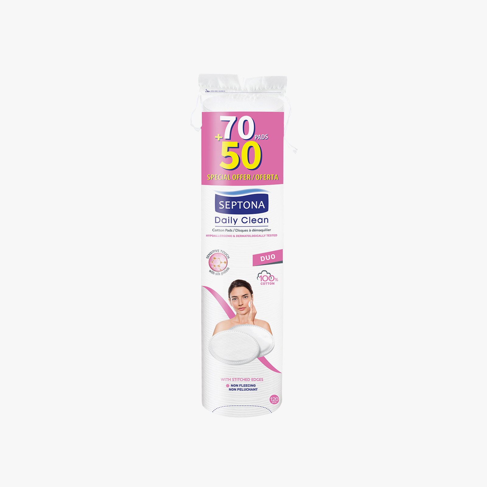 Septona Cotton Pads - 70+50 Pads Two Way Stitched Bag